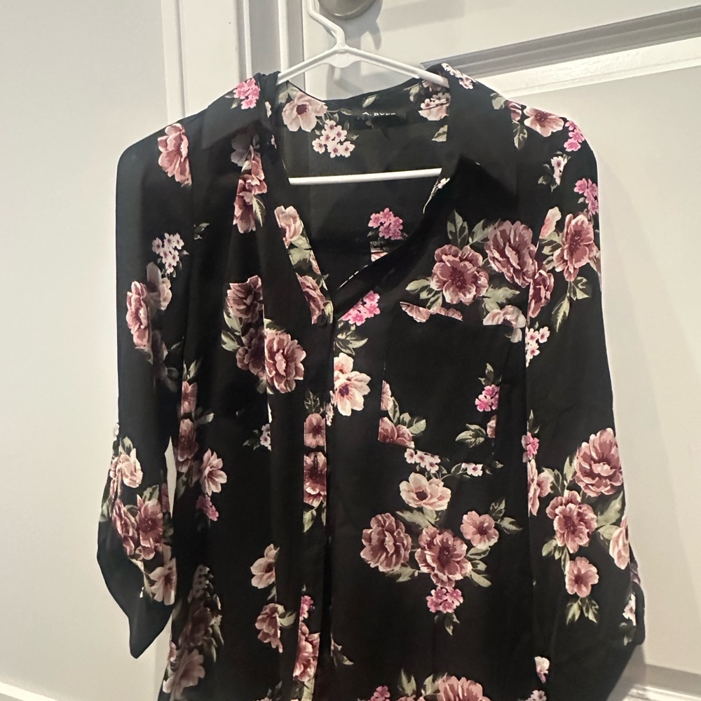 A. Byer Black and Pink Floral Blouse